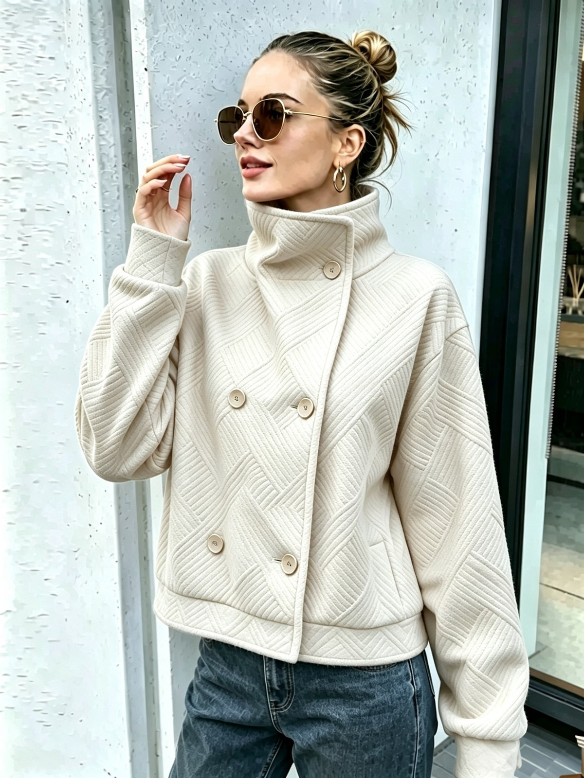 Buttoned Turtleneck Lapel Coat - Warm and Polished