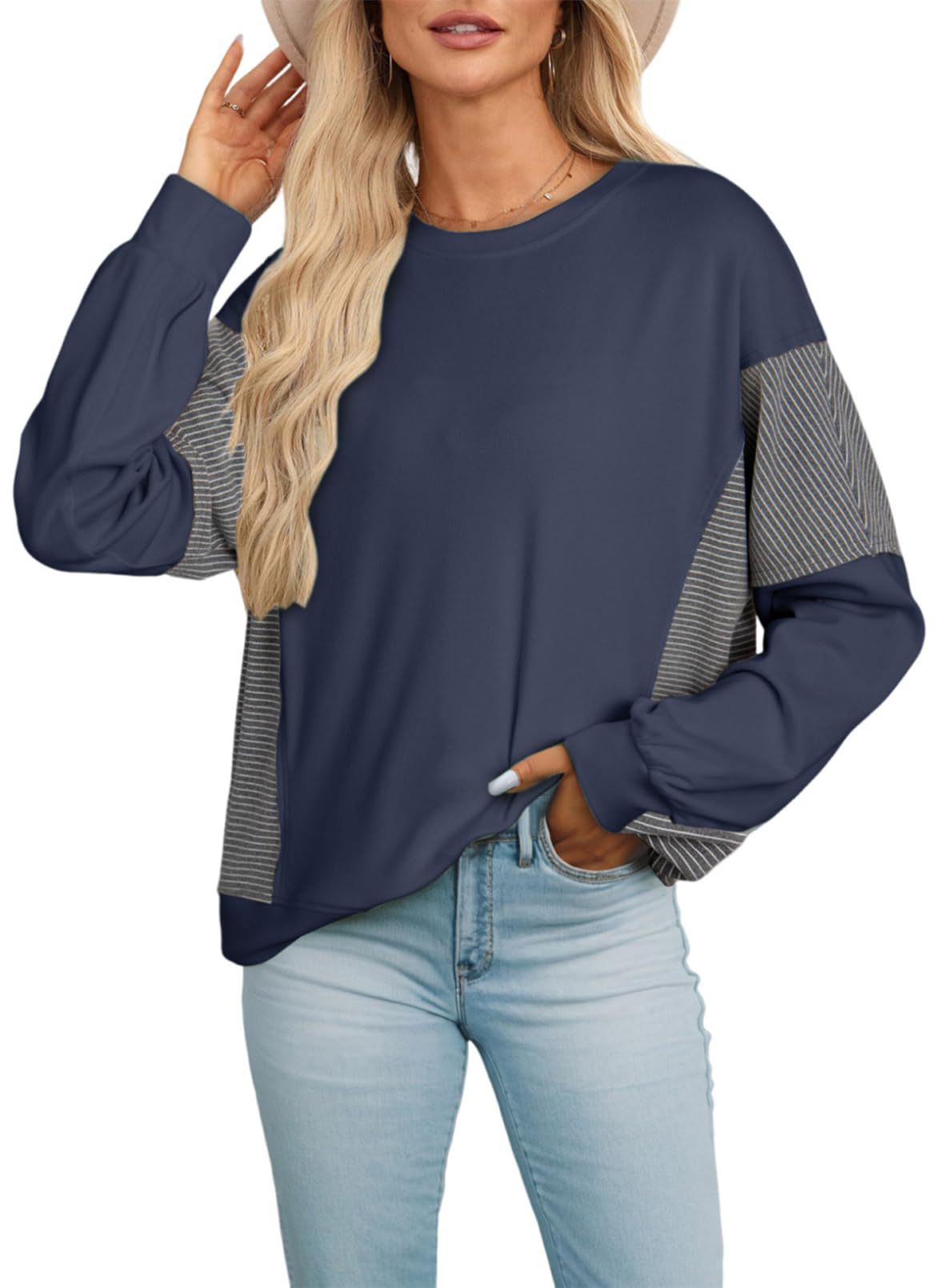 Women’s Color-Blocked Striped Sweatshirt – Casual Crew-Neck Long-Sleeve Sweater