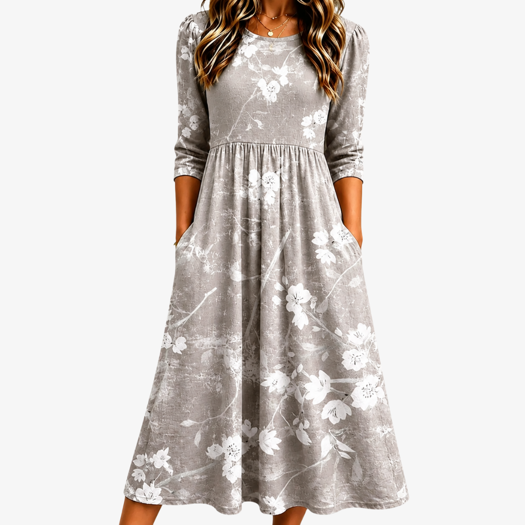 Women's Pocket Midi Dress - Silver Blossom Grace