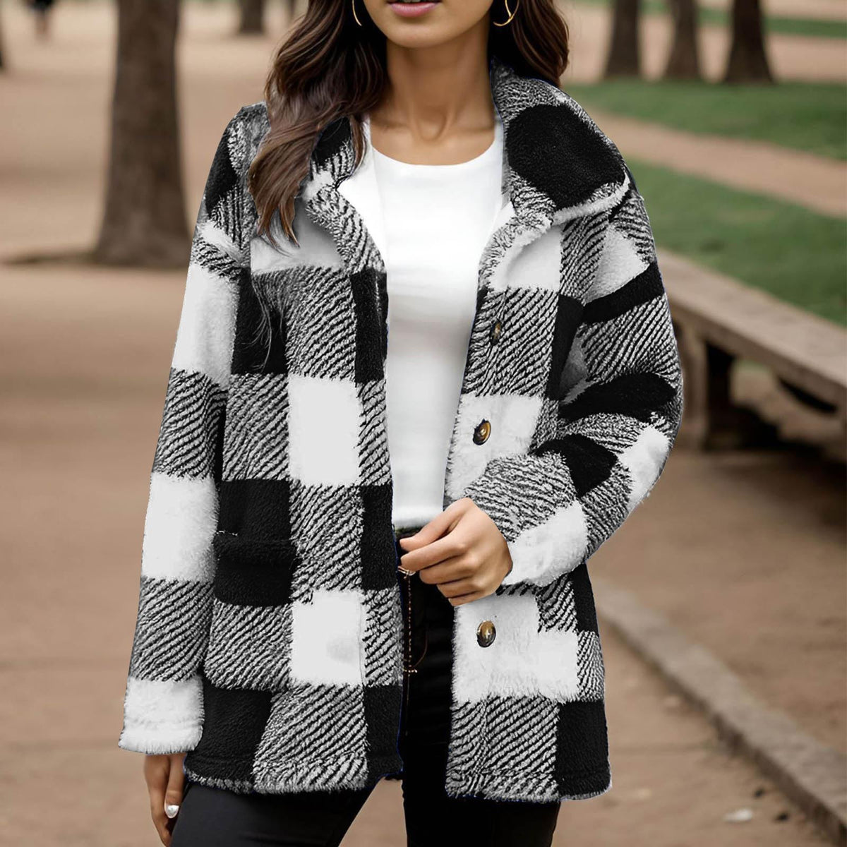 Plaid Plush Coat With Pockets - Warm and Practical