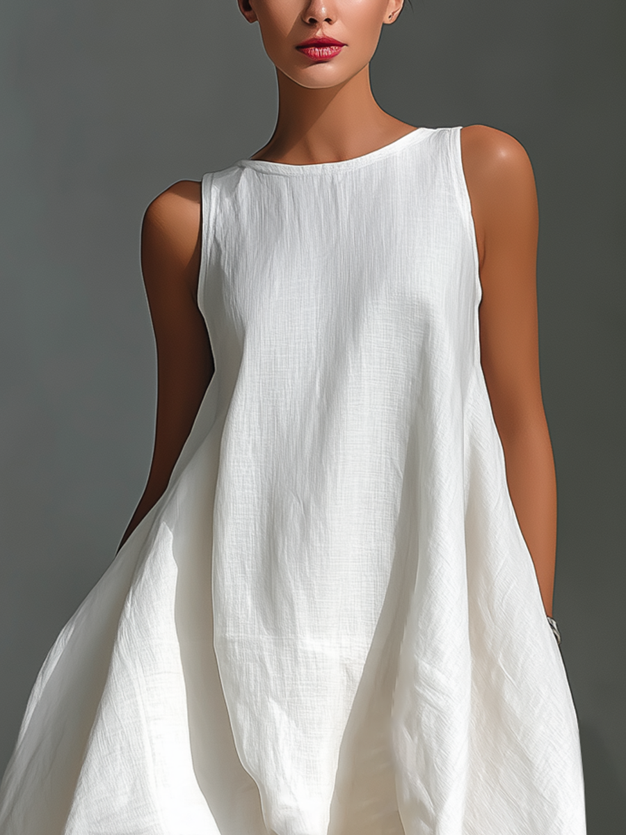 Women's Sleeveless Linen Midi Dress - Round Neck Asymmetric Hem Style