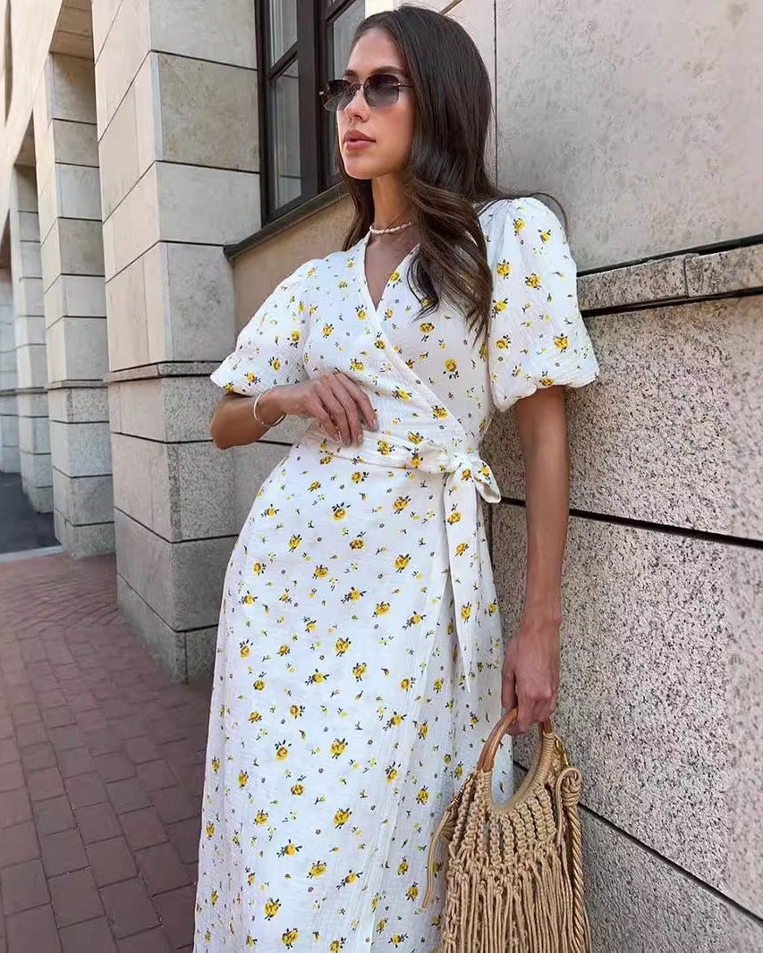 Women's Floral Tie-Front Maxi Dress – Elegant V-Neck Summer Dress