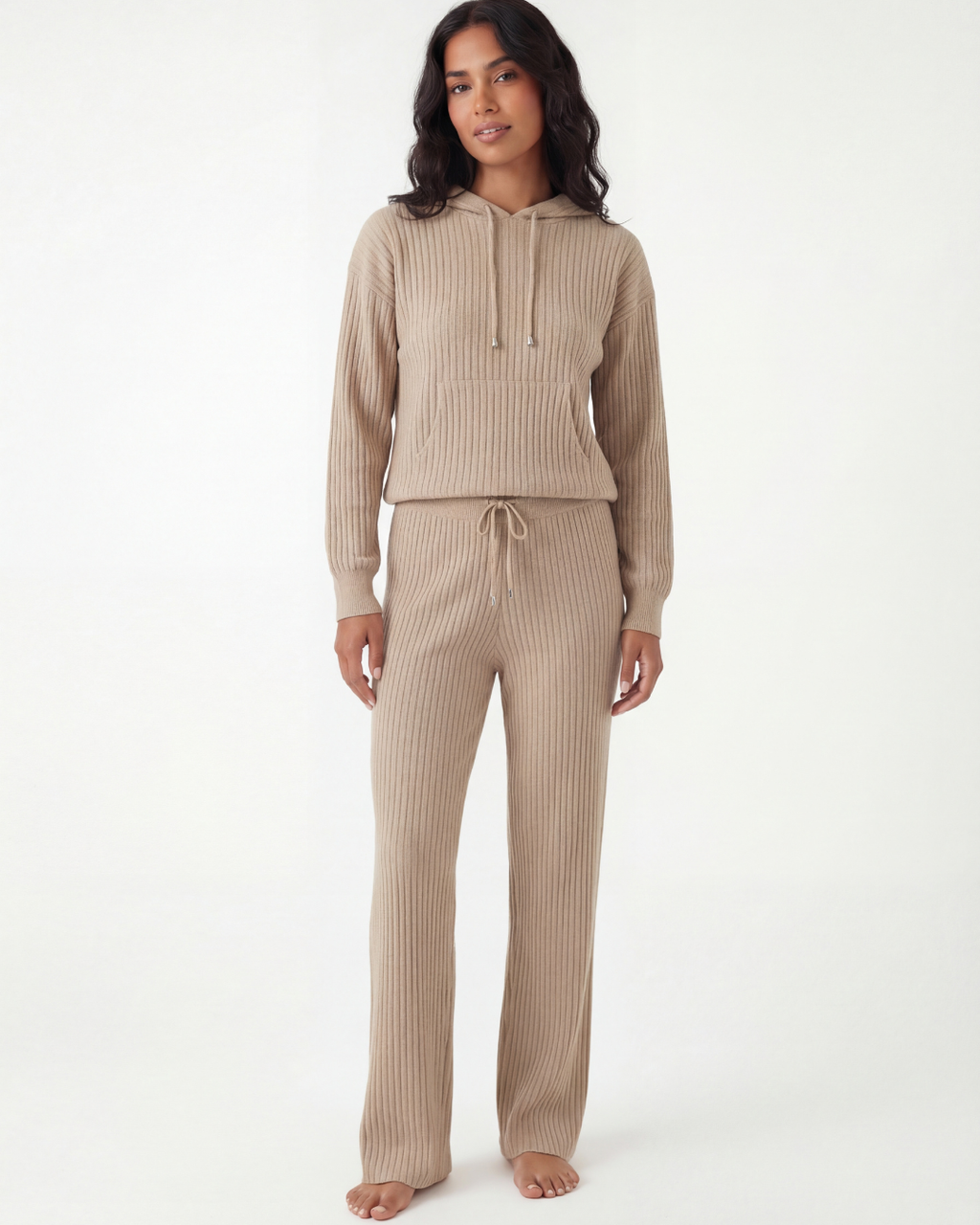 Women’s Hooded Knit Sweater Set – Ribbed Casual Loungewear Outfit
