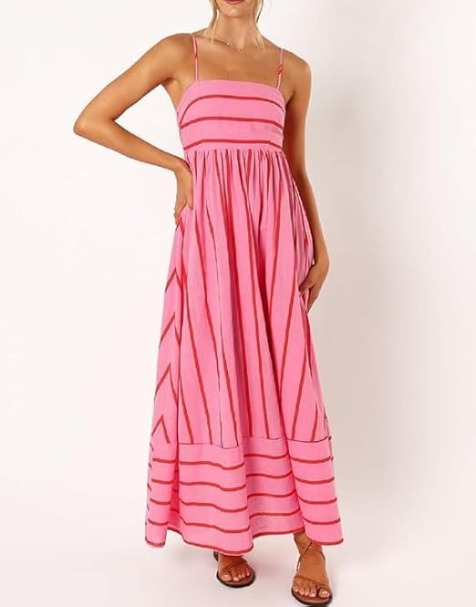 Women's Pink Striped Maxi Dress – Flowy Pleated Summer Sundress with Contrasting Stripes