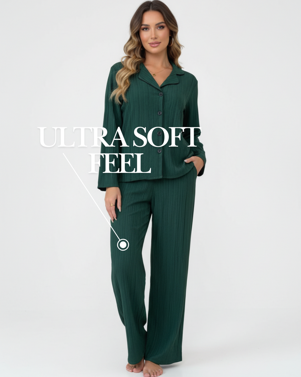 Bosgroene lange pyjamaset – Klassieke blouse met knoopjes en comfortabele broek