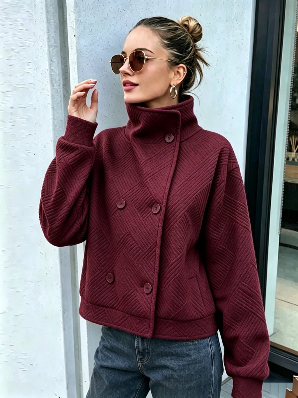 Buttoned Turtleneck Lapel Coat - Warm and Polished