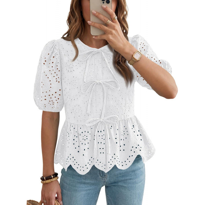Women's Ruffle-Trim Puff-Sleeve Blouse with Tie Belt – Elegant Feminine Daywear