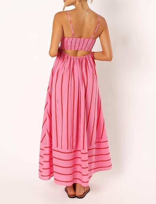 Women's Pink Striped Maxi Dress – Flowy Pleated Summer Sundress with Contrasting Stripes