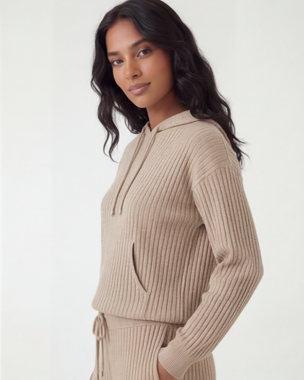 Women’s Hooded Knit Sweater Set – Ribbed Casual Loungewear Outfit