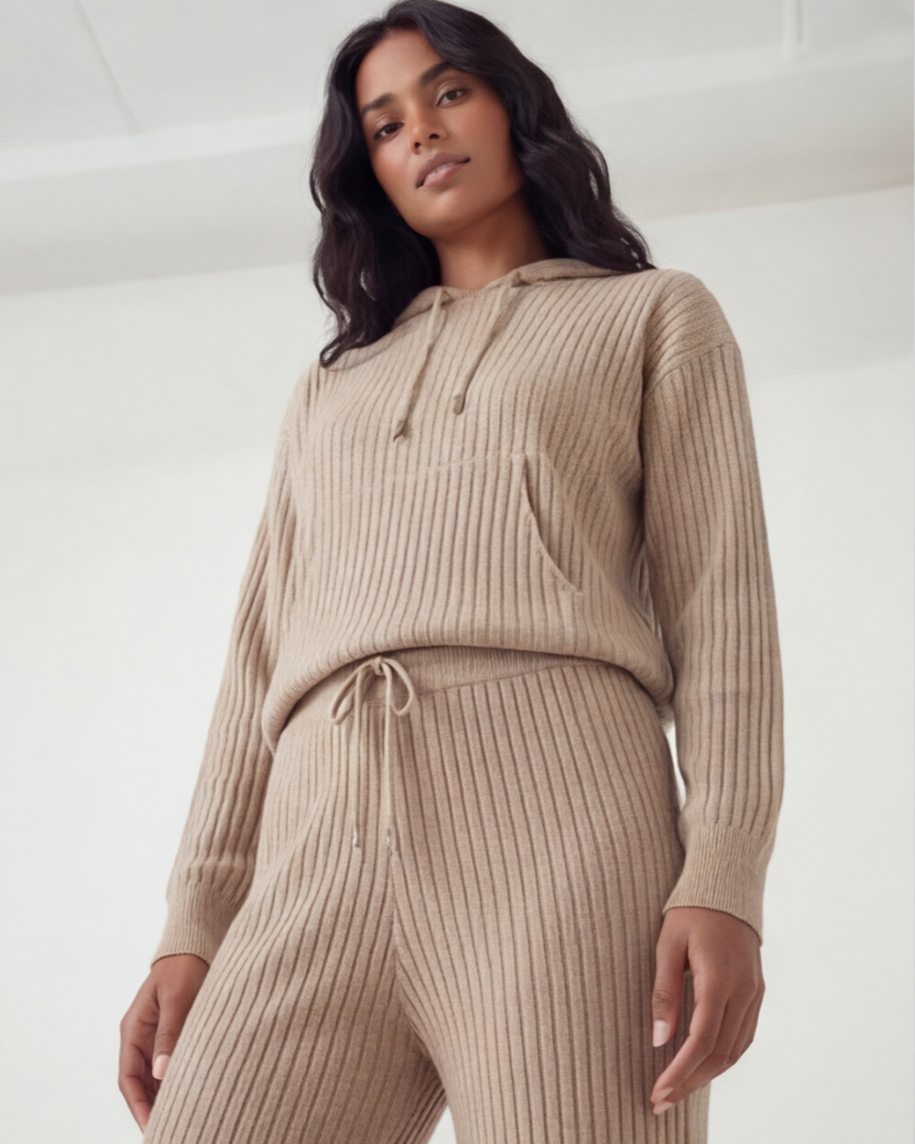 Women’s Hooded Knit Sweater Set – Ribbed Casual Loungewear Outfit