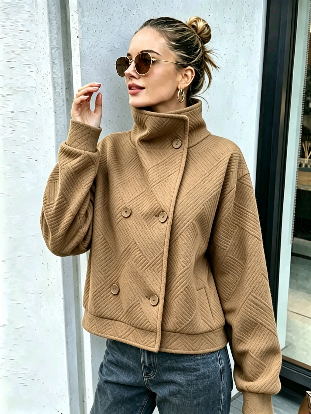Buttoned Turtleneck Lapel Coat - Warm and Polished