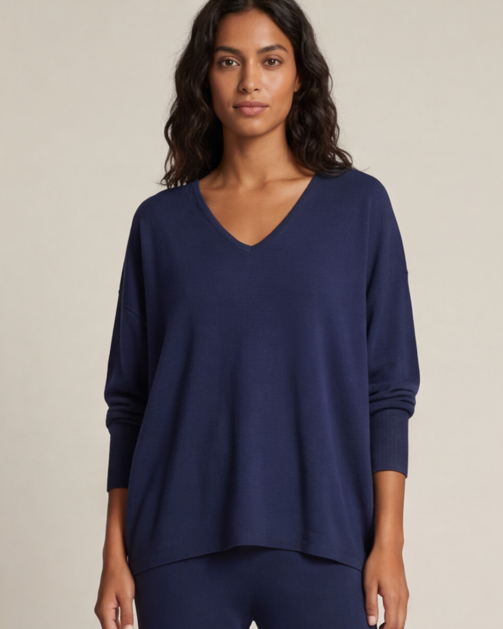 Women’s V-Neck Long Sleeve Top and Knit Pants – 2-Piece Loungewear Set
