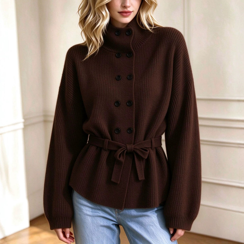 Women’s Double-Breasted Knit Coat – Elegant Long Sleeve Outerwear