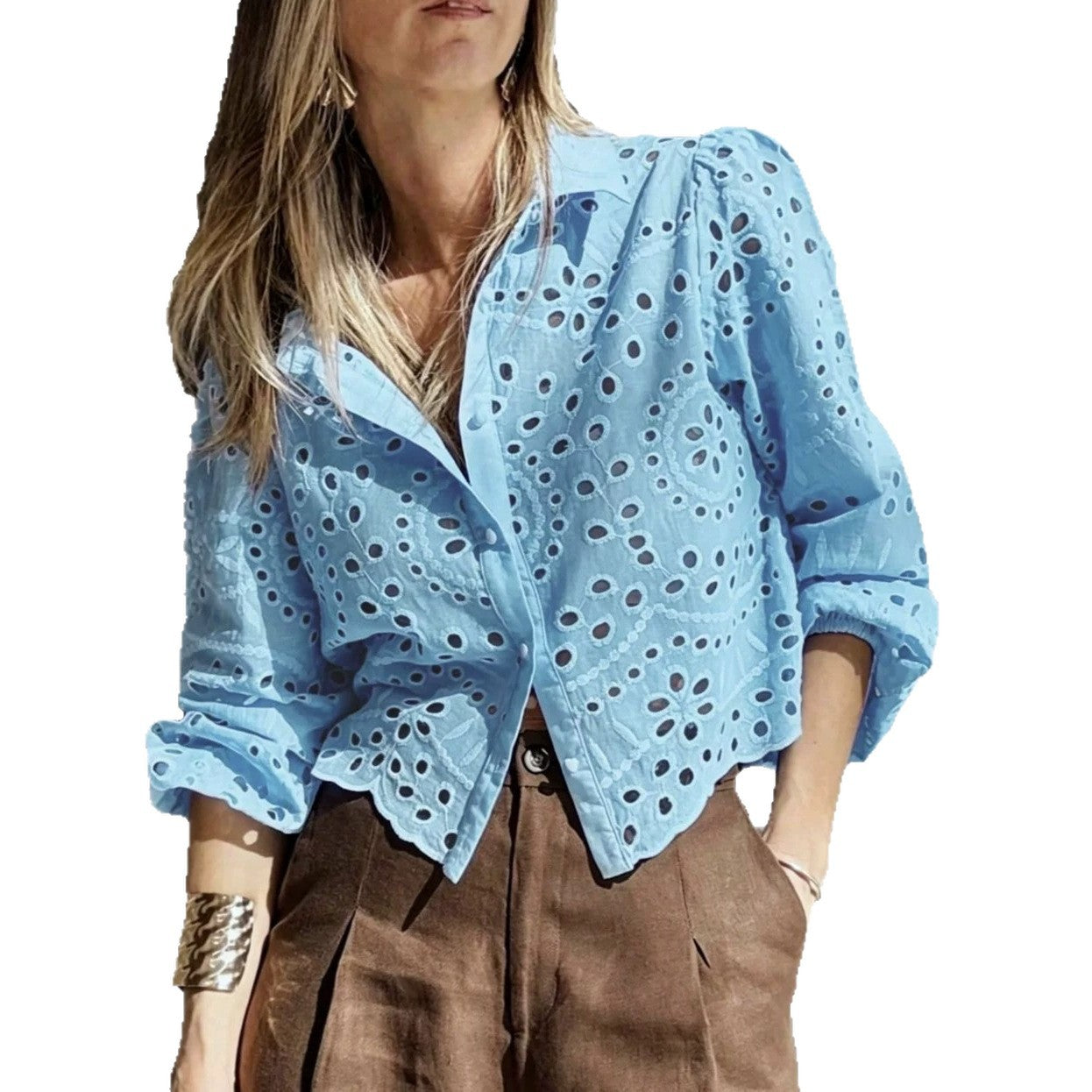 Women's Embroidered Short Shirt - Relaxed Hollow-Out Casual Blouse