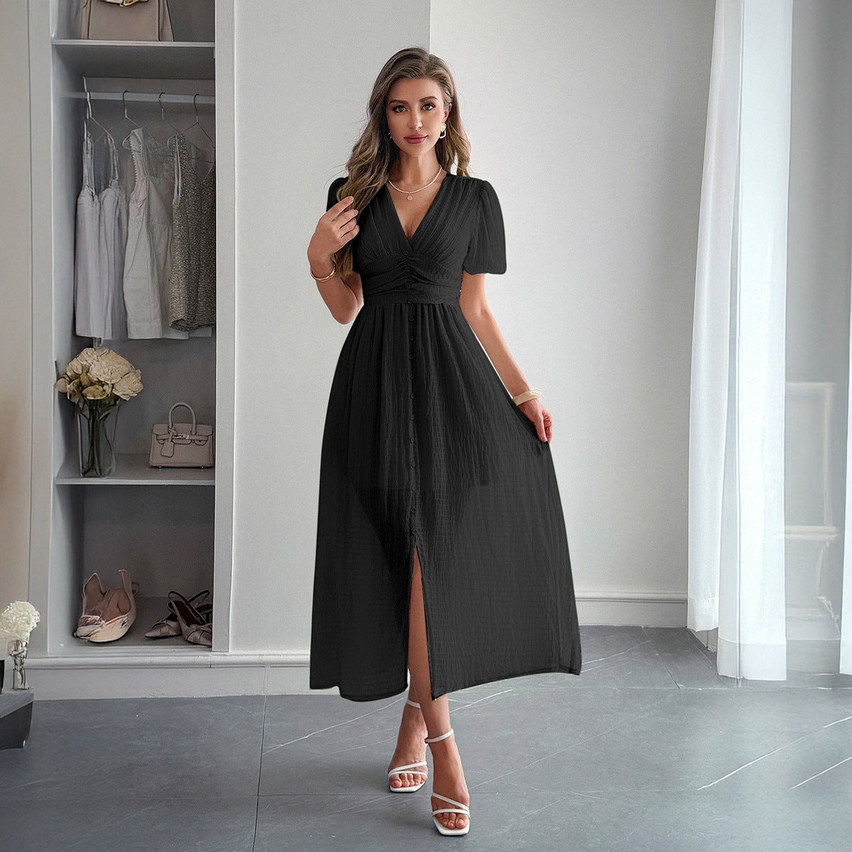 Women's Pleated Deep V-Neck Maxi Dress – Elegant Flowy Summer Dress