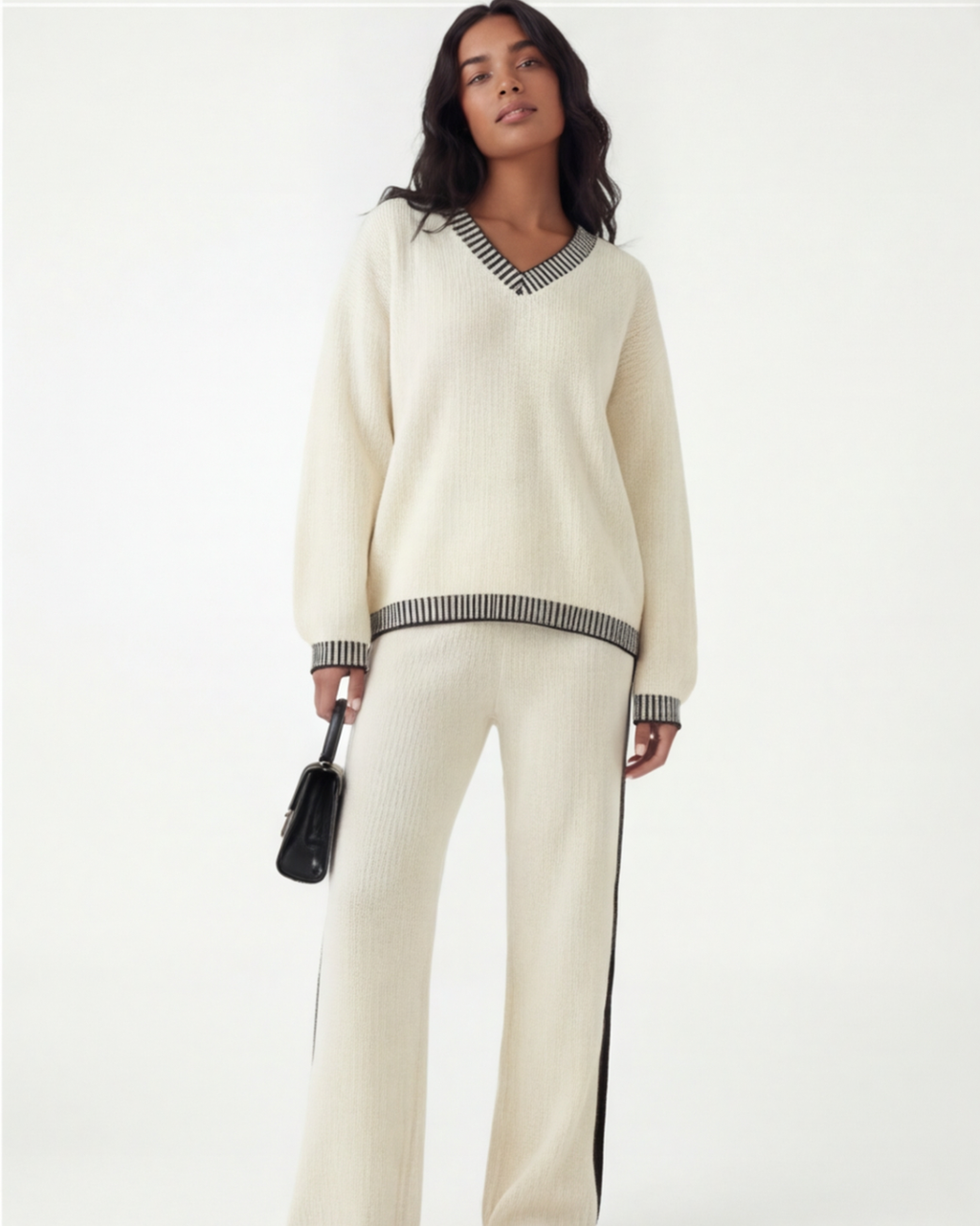 Women’s White Ribbed Two-Piece Set – V-Neck Pullover and Wide-Leg Pants