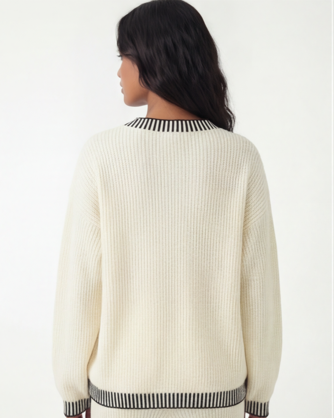 Women’s White Ribbed Two-Piece Set – V-Neck Pullover and Wide-Leg Pants