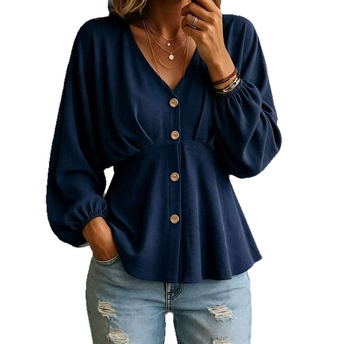 Draped Lantern-Sleeve Long-Sleeve Shirt - Soft and Versatile