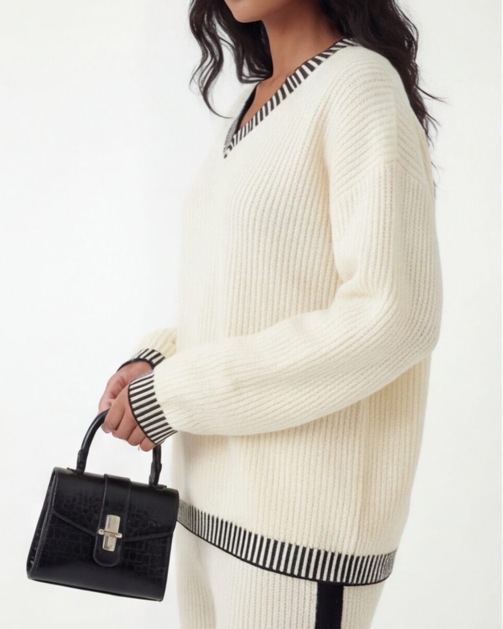 Women’s White Ribbed Two-Piece Set – V-Neck Pullover and Wide-Leg Pants