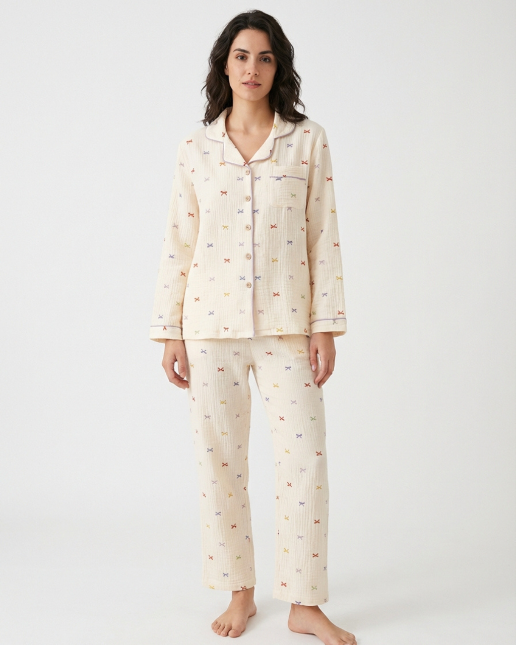 Women’s Cotton Crepe Pajama Set – Comfort Long Sleeve Bow Loungewear