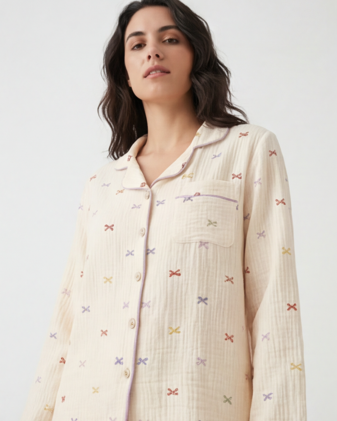 Damespyjama van katoenen crêpe – comfortabele loungewear met lange mouwen en strik