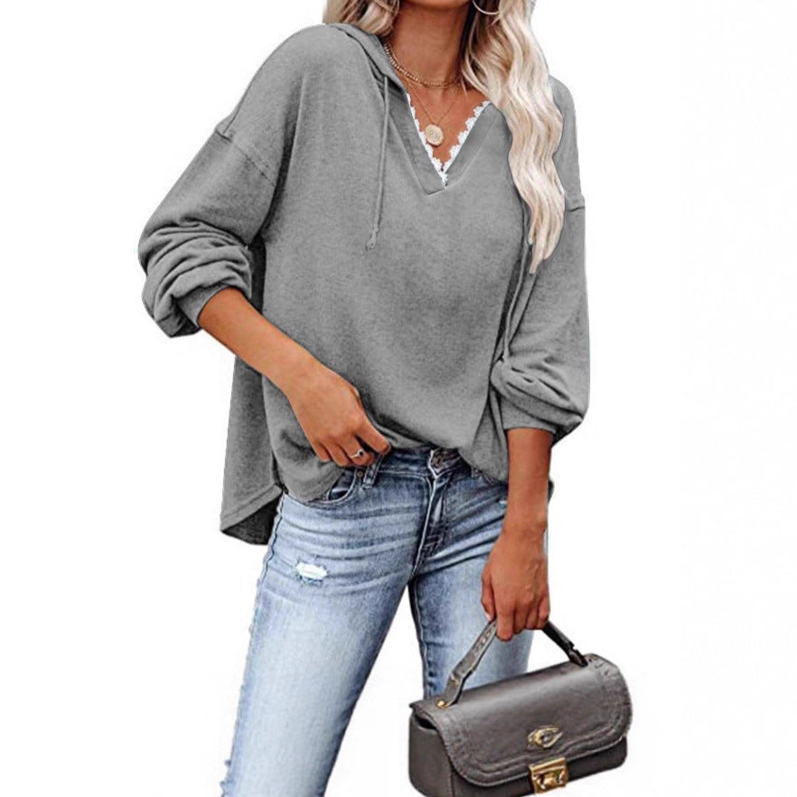 Women's Hooded Lace Sweatshirt - V-Neck Long Sleeve Casual Pullover