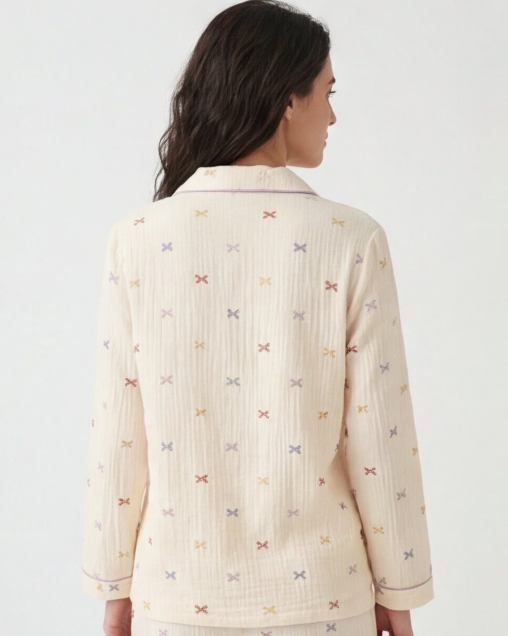 Women’s Cotton Crepe Pajama Set – Comfort Long Sleeve Bow Loungewear