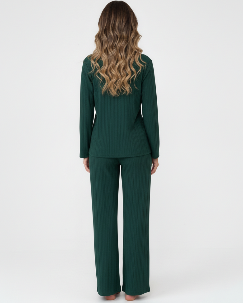 Bosgroene lange pyjamaset – Klassieke blouse met knoopjes en comfortabele broek