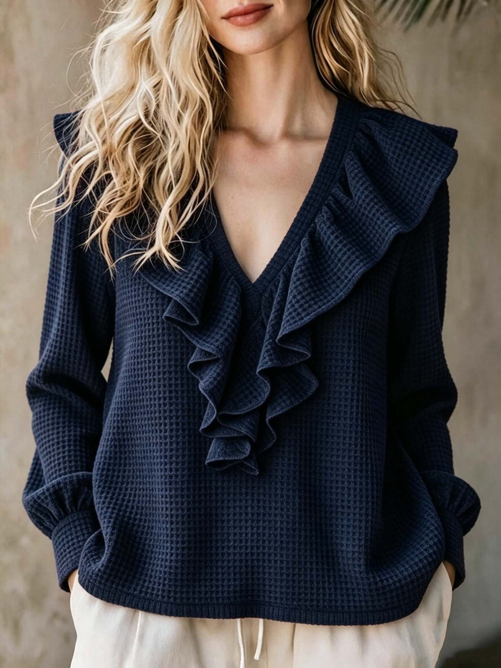 Waffle-Knit V-Neck Top - Soft and Feminine