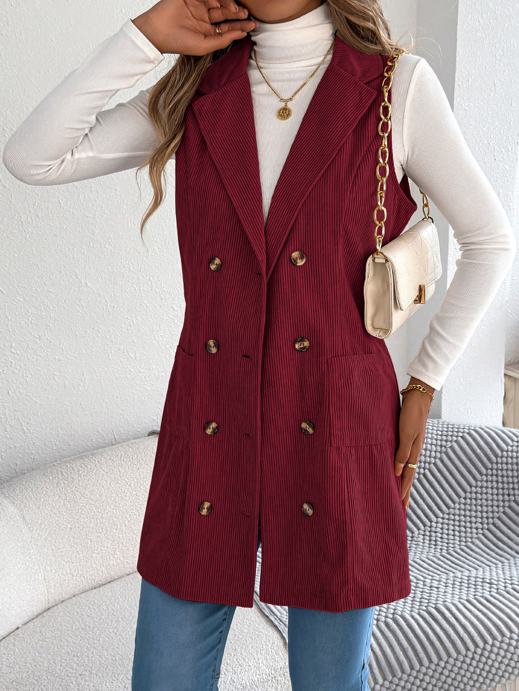 Women’s Solid Color Corduroy Long Vest Jacket – Double-Breasted Pocket Casual Layering Style