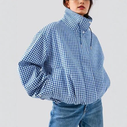 Women’s Plaid Stand Collar Zip-Up Jacket – Stylish Casual Short Outerwear