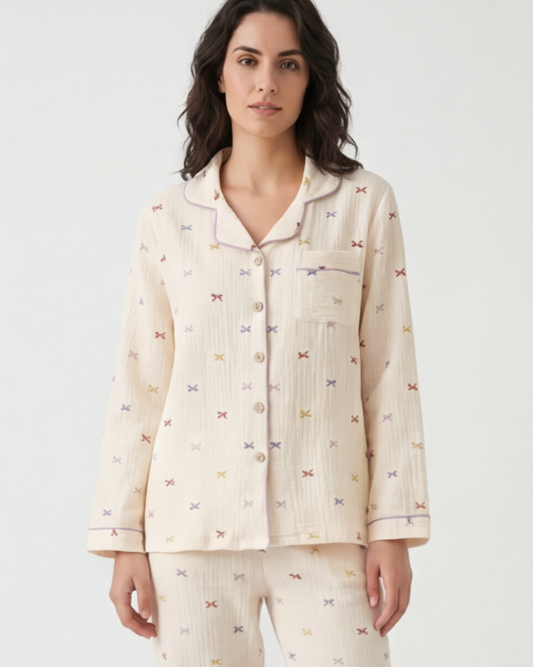 Damespyjama van katoenen crêpe – comfortabele loungewear met lange mouwen en strik