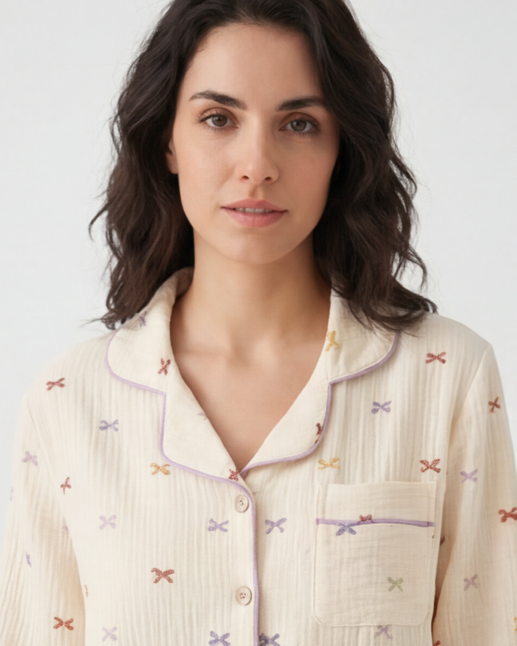 Women’s Cotton Crepe Pajama Set – Comfort Long Sleeve Bow Loungewear