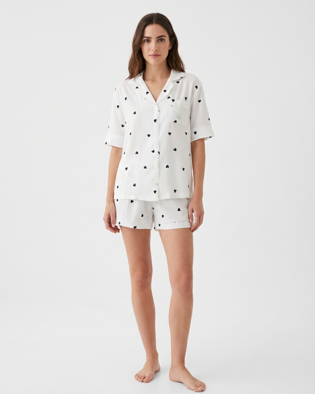 Women’s Heart Print Short-Sleeve Pajama Set – White Relaxed Homewear