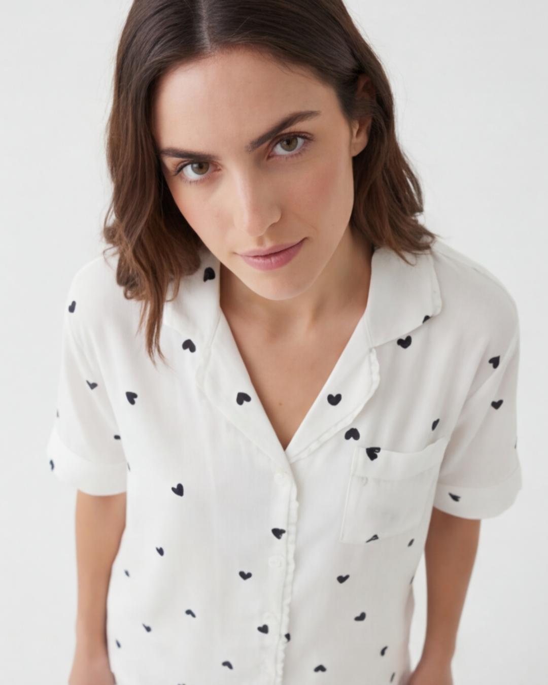 Women’s Heart Print Short-Sleeve Pajama Set – White Relaxed Homewear