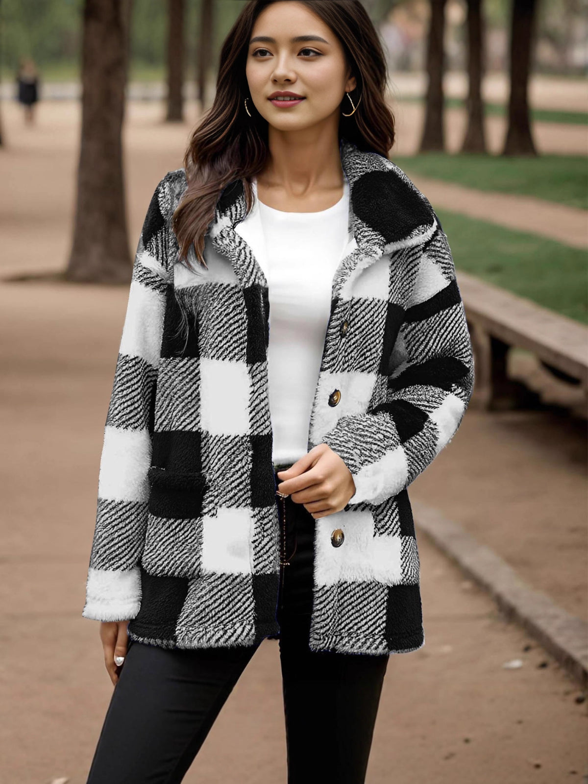 Plaid Plush Coat With Pockets - Warm and Practical