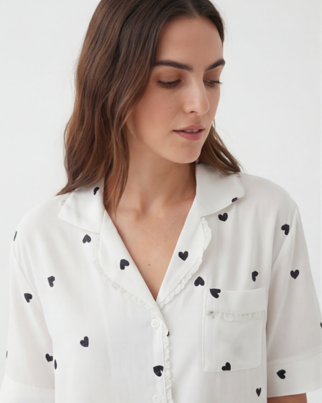 Women’s Heart Print Short-Sleeve Pajama Set – White Relaxed Homewear