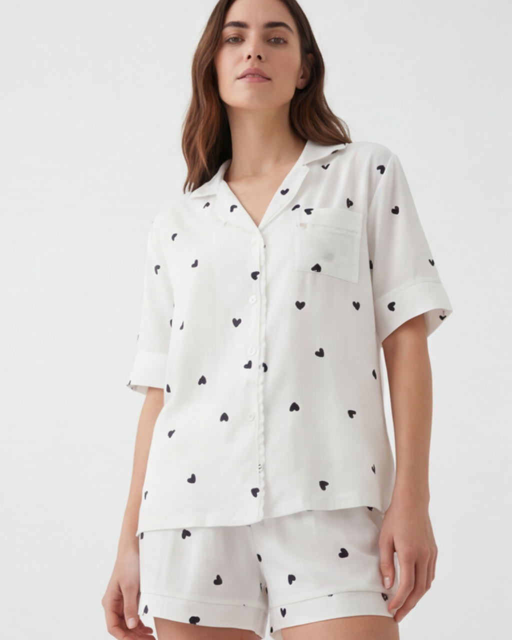 Women’s Heart Print Short-Sleeve Pajama Set – White Relaxed Homewear