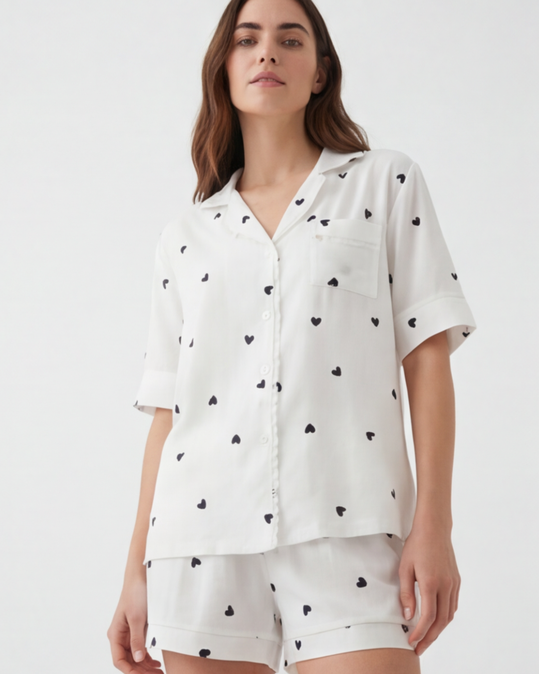 Women’s Heart Print Short-Sleeve Pajama Set – White Relaxed Homewear