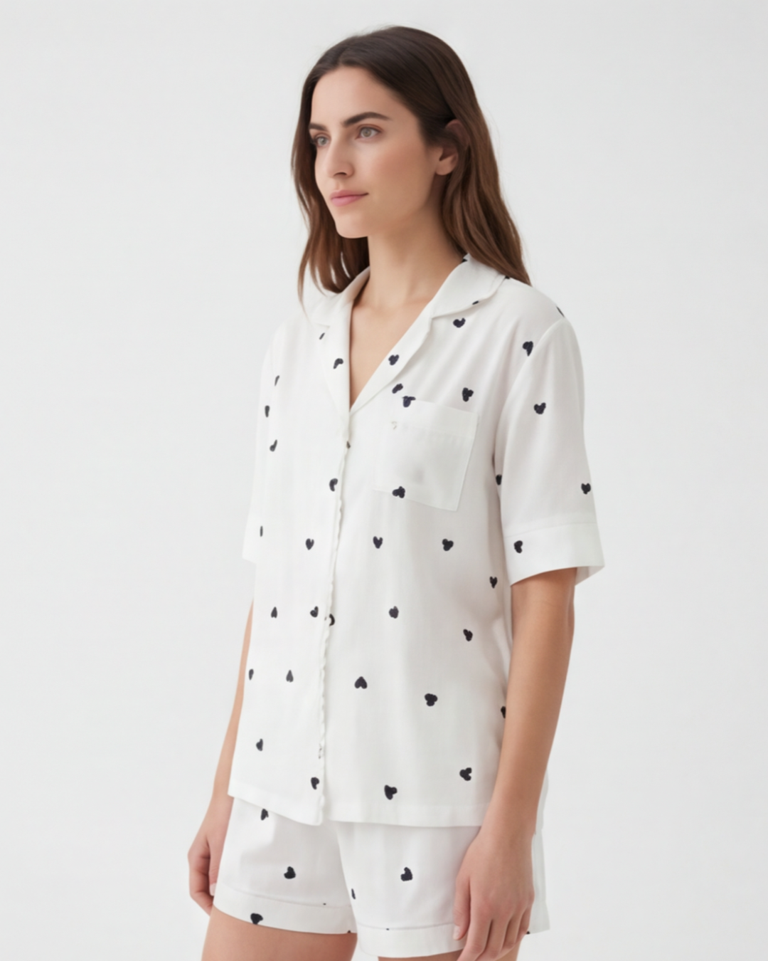Women’s Heart Print Short-Sleeve Pajama Set – White Relaxed Homewear