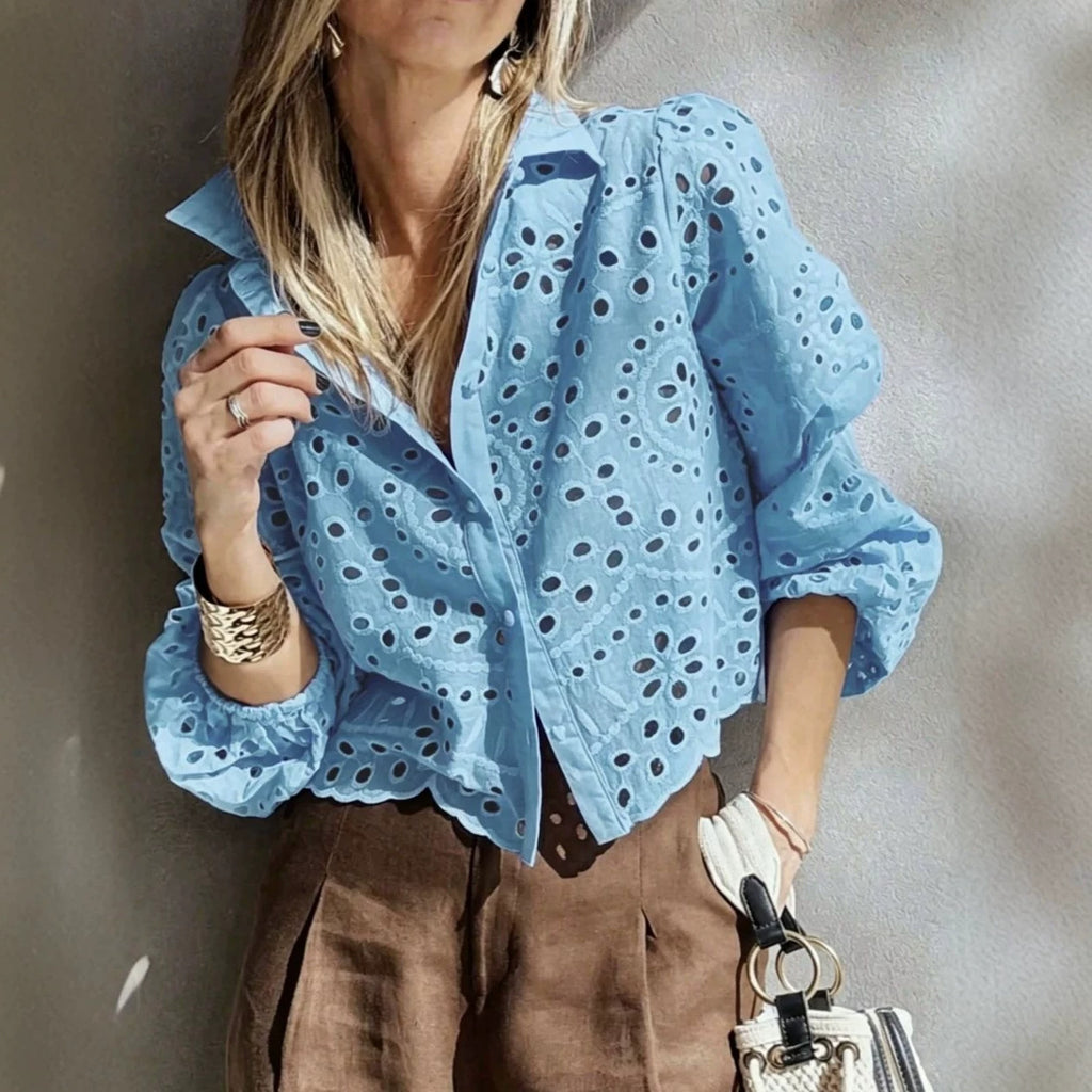 Women's Embroidered Short Shirt - Relaxed Hollow-Out Casual Blouse