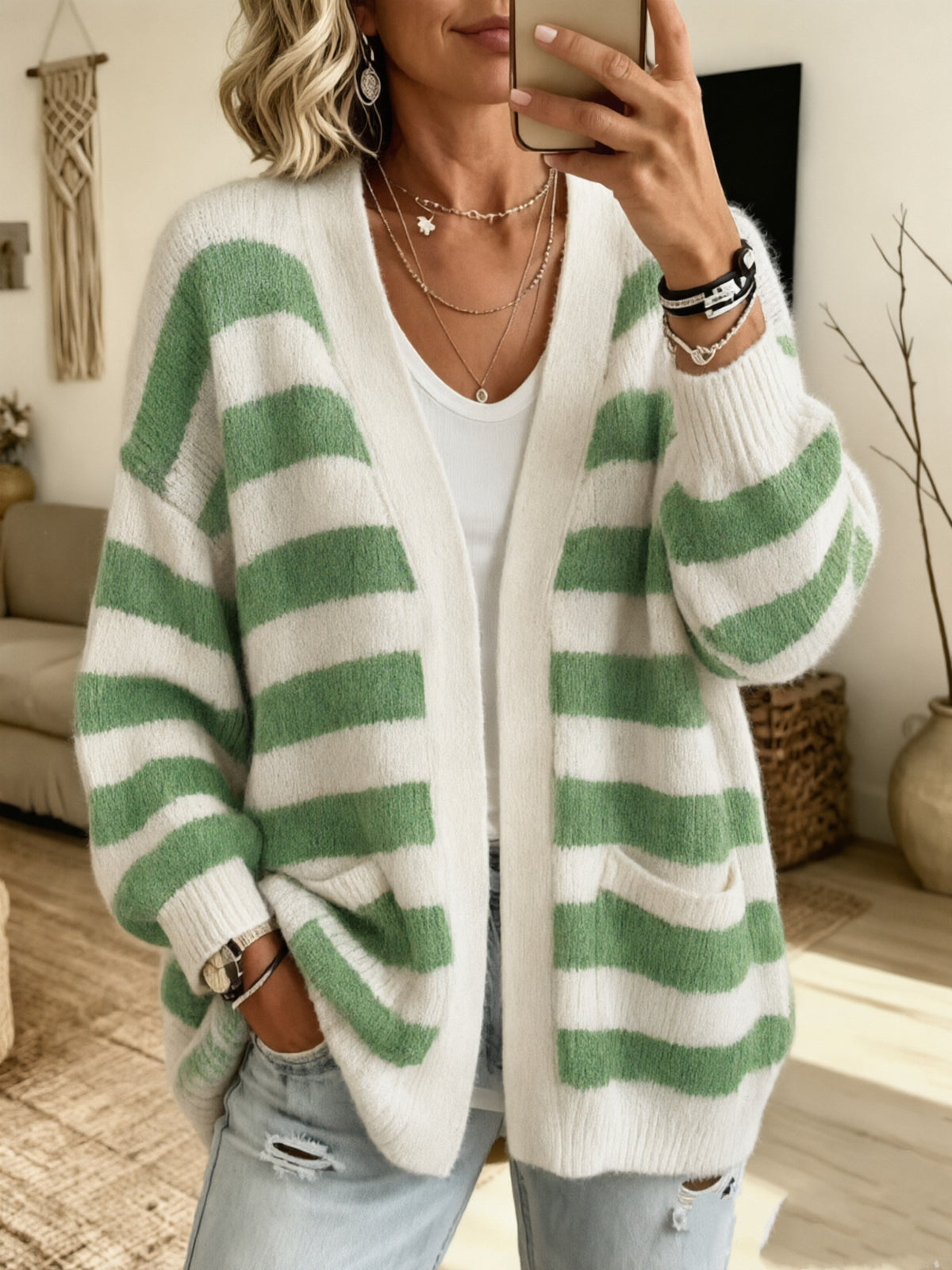 Women's Striped Cardigan Top with Pockets - Cozy Everyday Layer