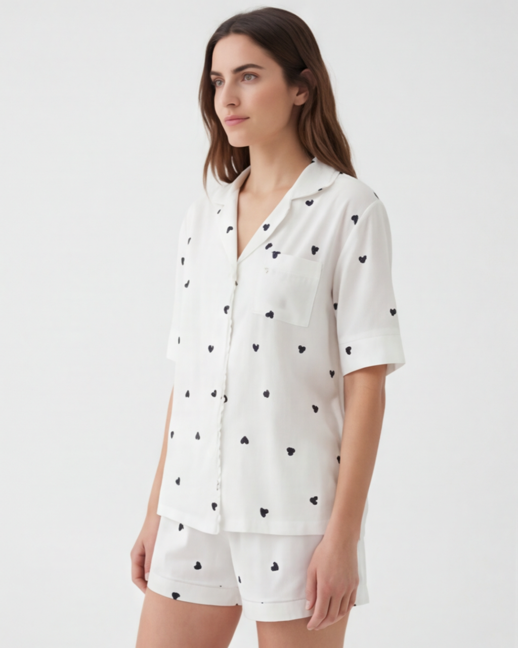 Women’s Heart Print Short-Sleeve Pajama Set – White Relaxed Homewear