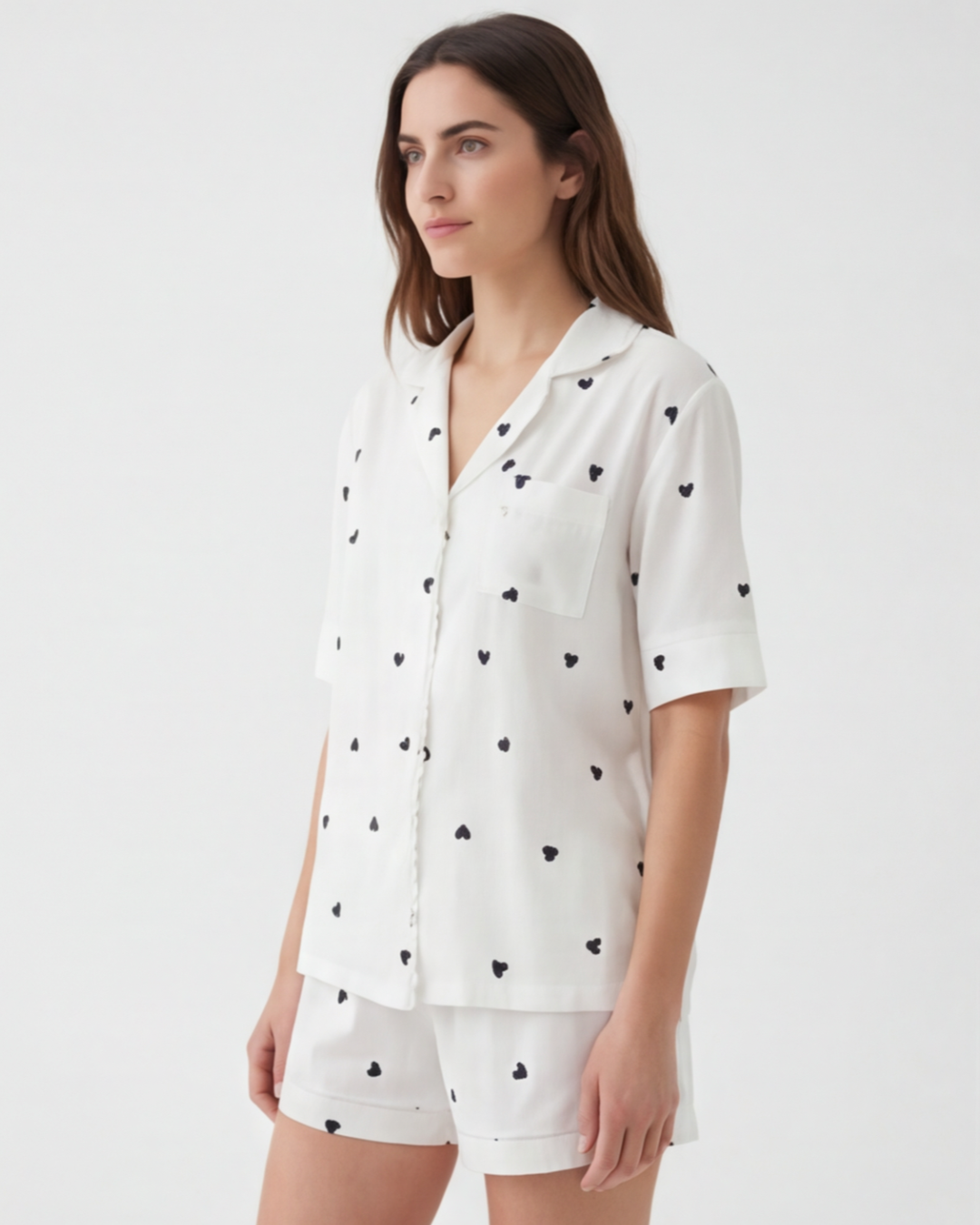 Women’s Heart Print Short-Sleeve Pajama Set – White Relaxed Homewear