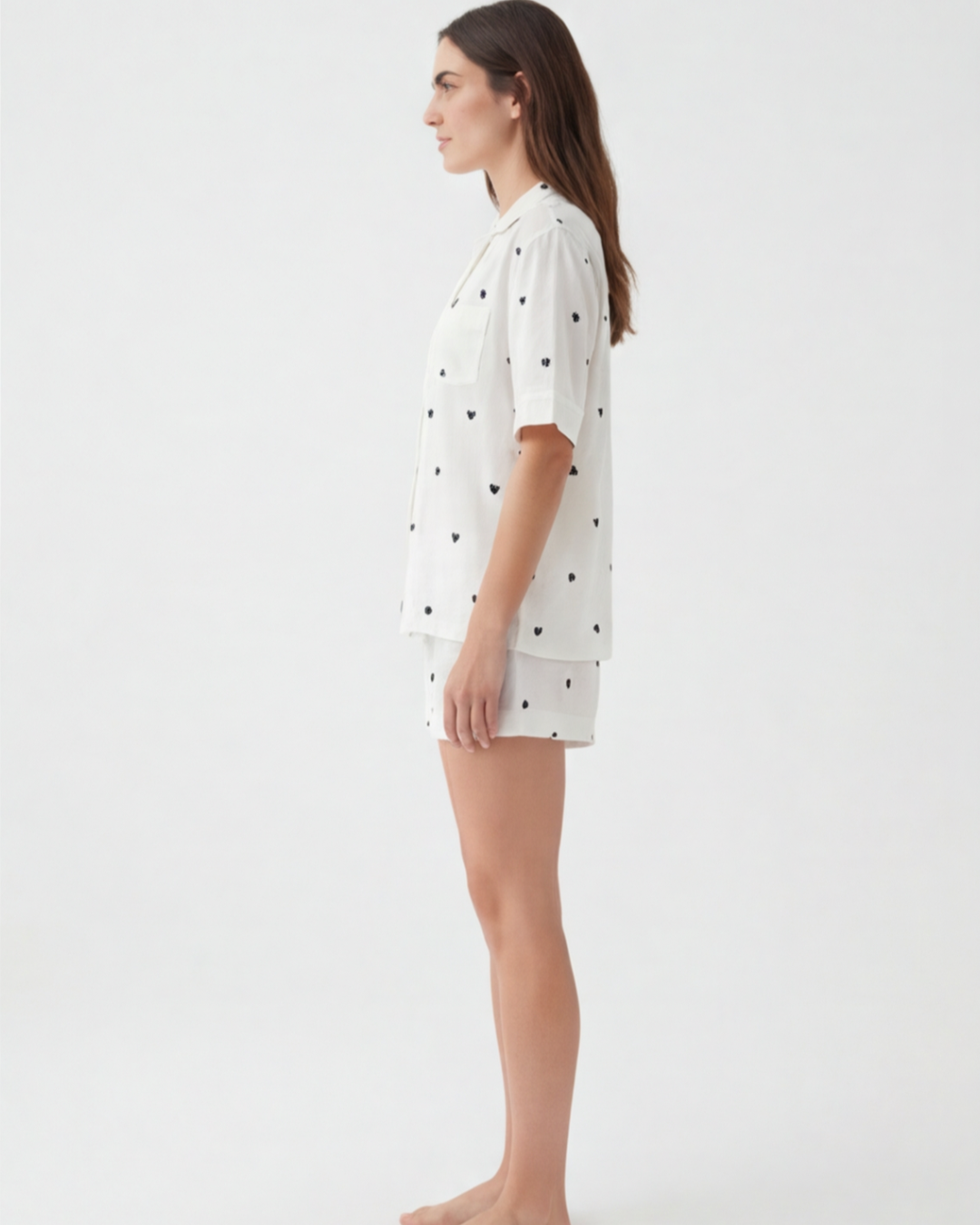 Women’s Heart Print Short-Sleeve Pajama Set – White Relaxed Homewear