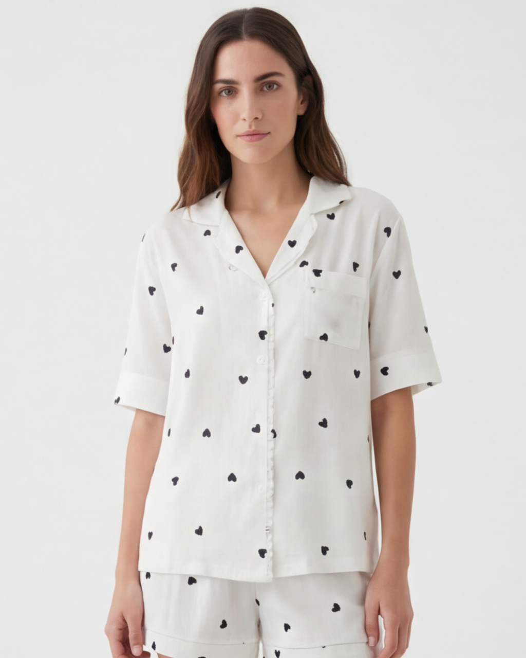 Women’s Heart Print Short-Sleeve Pajama Set – White Relaxed Homewear