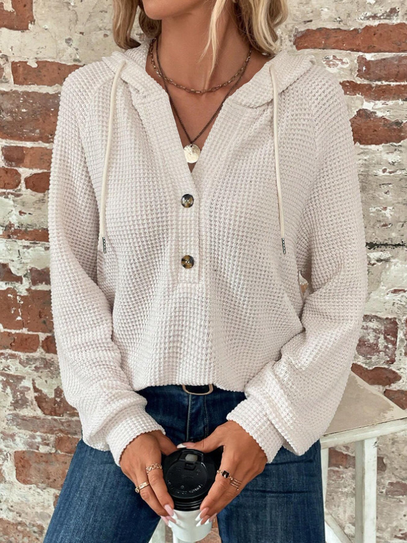 Women’s Solid Color Hooded Sweatshirt – Loose-Fit Button-Up Fall Winter Style