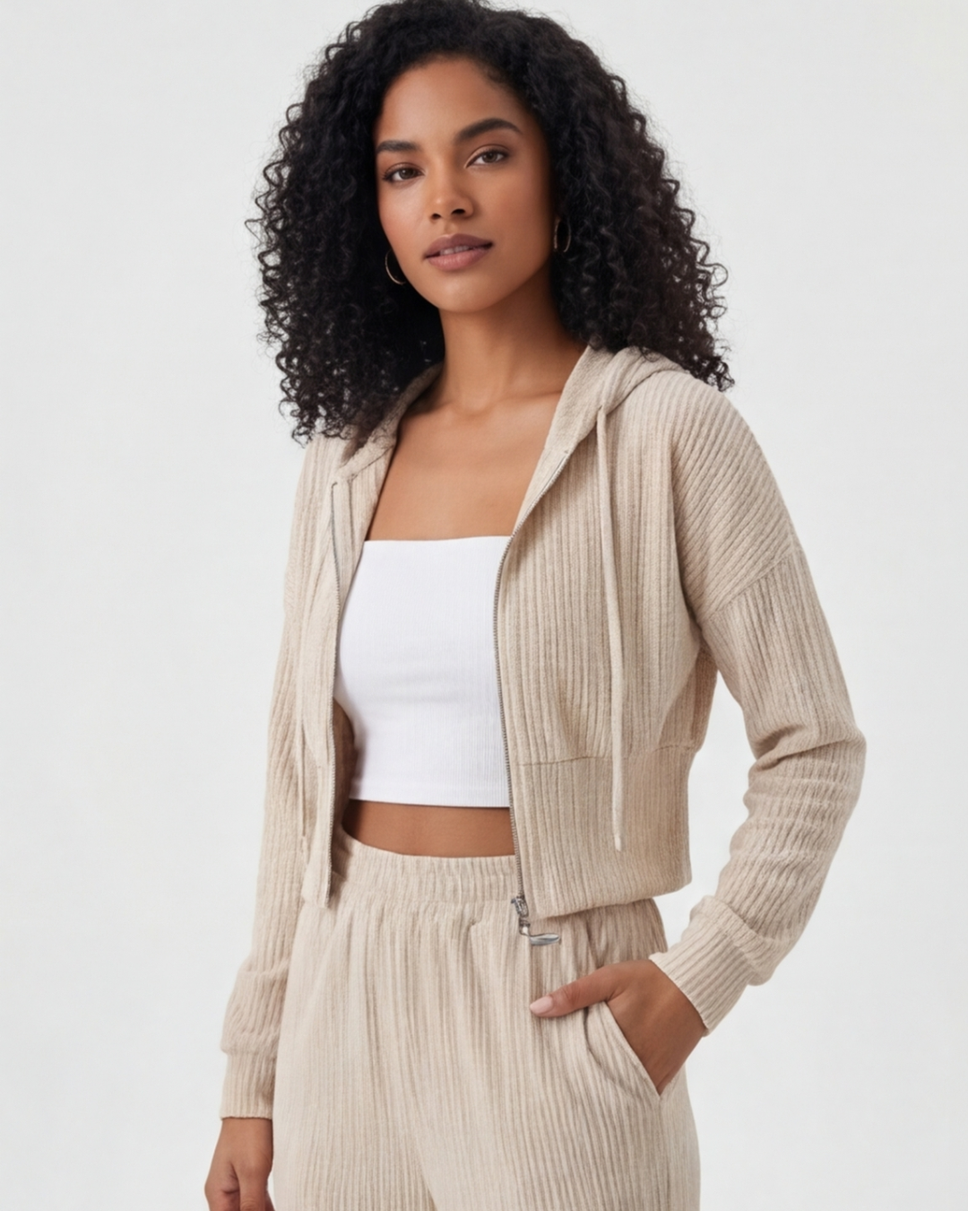 Women’s Stylish Crop Top and Pants Set – Casual Hooded 2-Piece Outfit