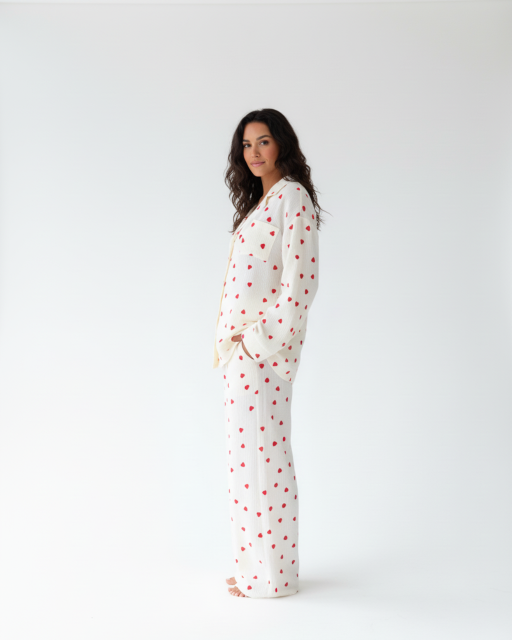 Women’s Long Pajama Set – White Pajamas with Red Heart Print, Button-Up Top & Pants Sleepwear