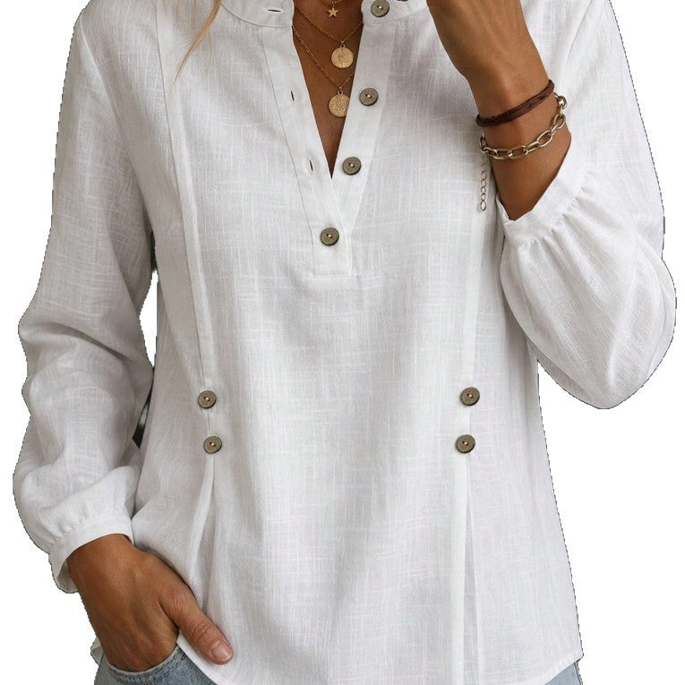 Women’s Cotton-Linen Mandarin Collar Shirt – Long Sleeve Casual Summer Style